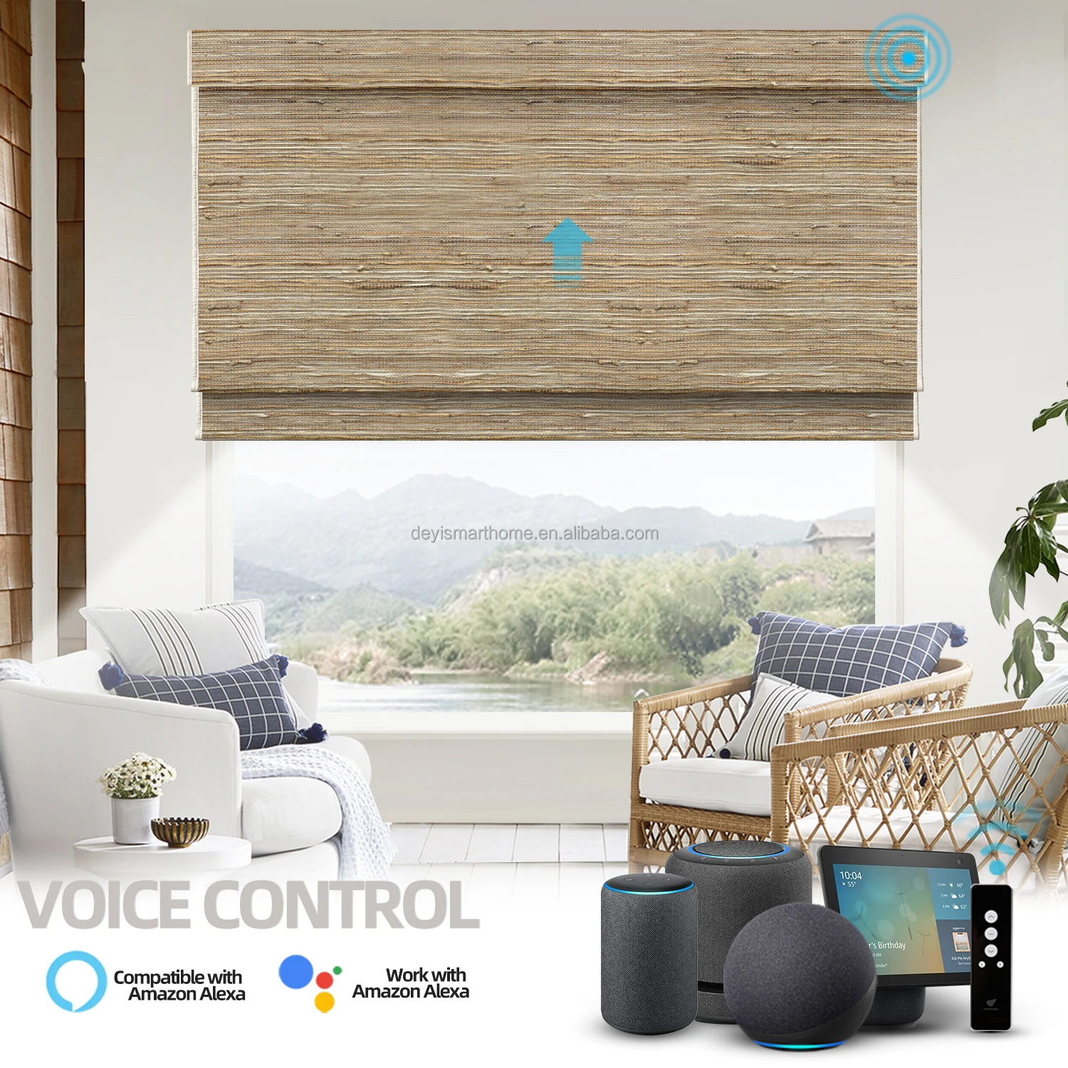 Google Alexa Shades & Shutters Outdoor Roller Motorized Smart Woven Wood Blinds