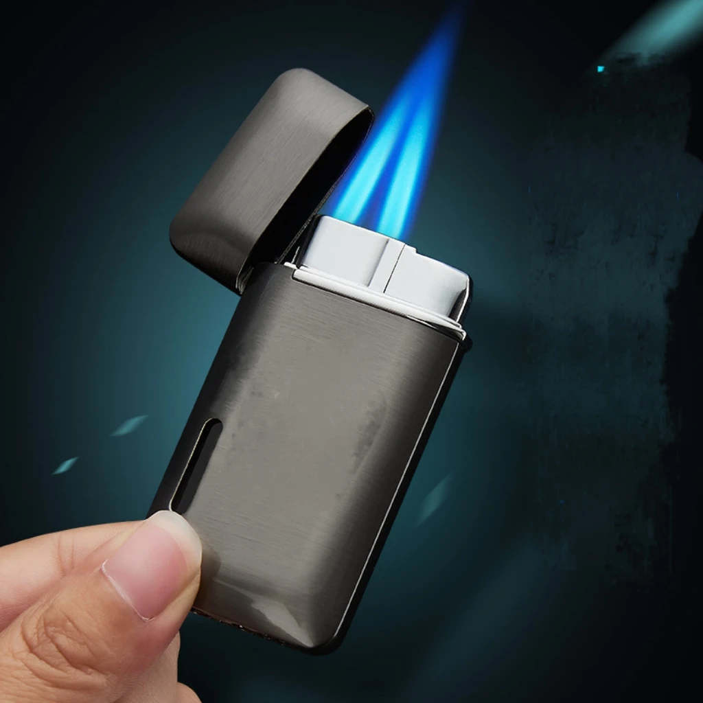 Custom Logo Metal Cigarette Lighter Windproof Cool Double Blue Flame Jet Torch Lighter