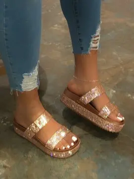 Оптовая продажа с фабрики, новинка, модная женская обувь на толстой подошве с блестящими стразами, шлепанцы с открытым носком