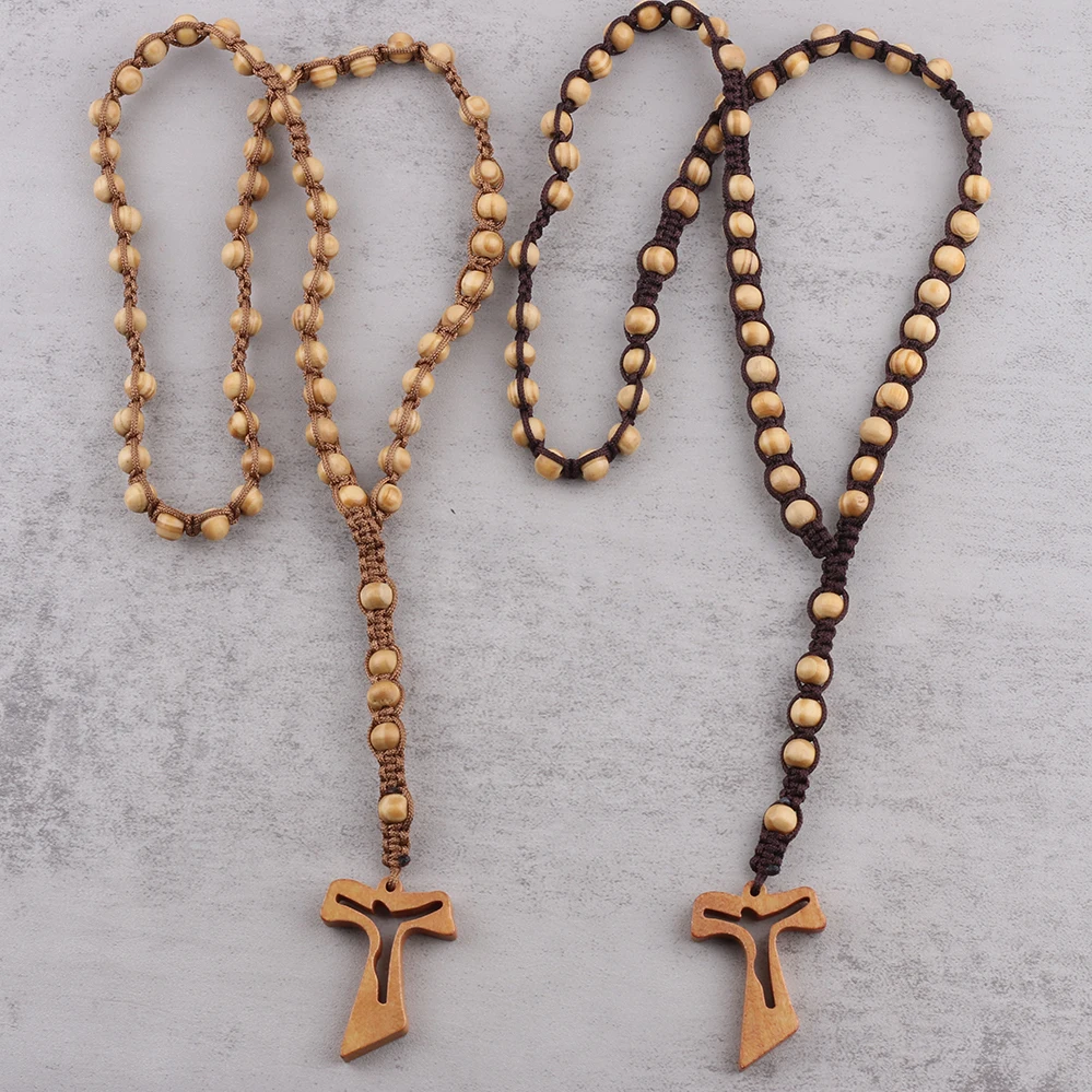 8mm pine wooden beads catholic rosary necklace on cord big cross