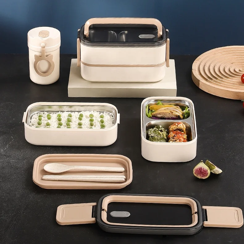Factory Hot Selling Cream White Food Grade Stainless Steel 304 Portable Food Container 1400ml Double-layer Bento Lunch Box
