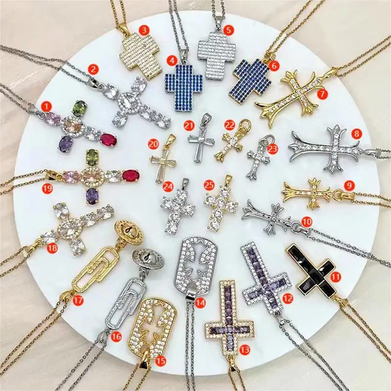 Fashion Jewelry Wholesale Men Women Jesus Zirconia Religious Brass 14K Gold Plated Cross Pendant Charms for Jewelry Making