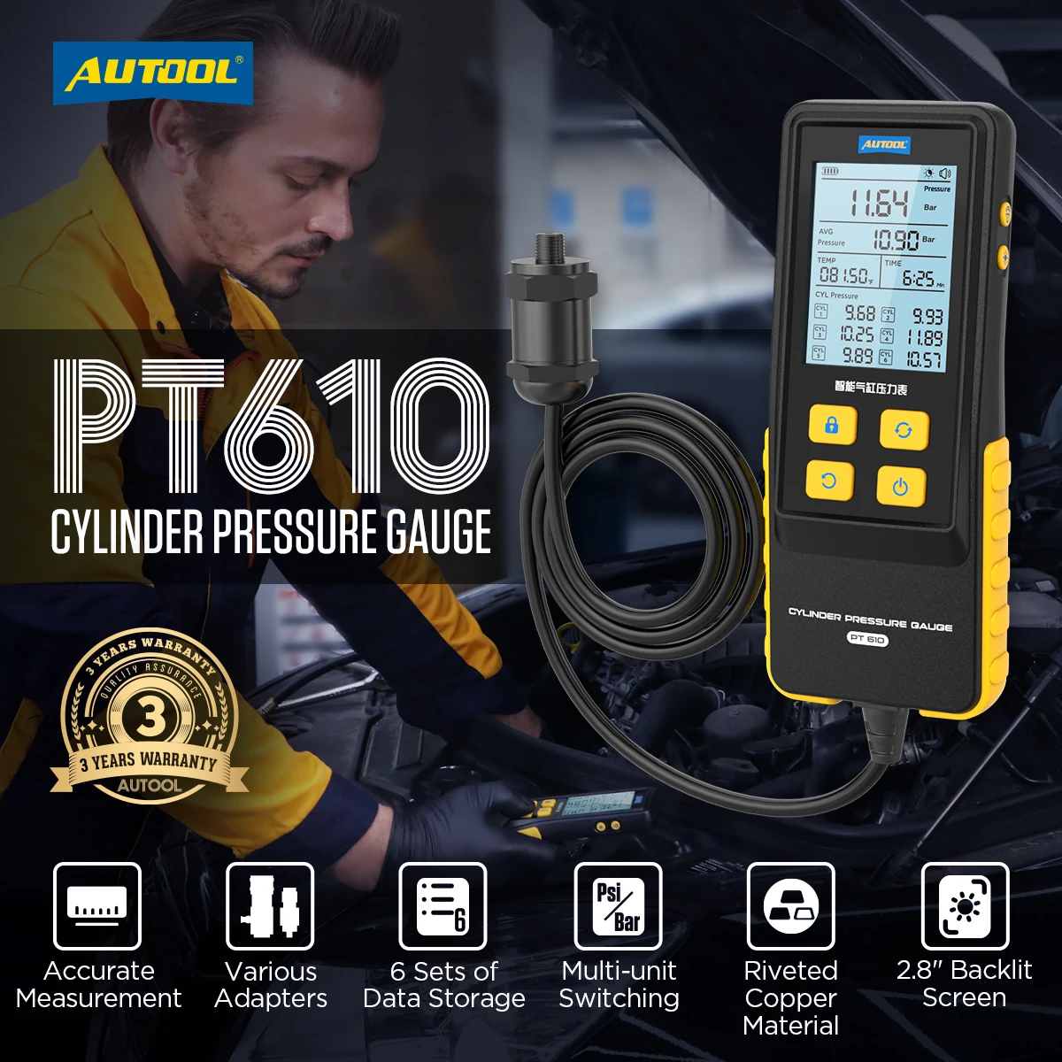 AUTOOL Factory PT610 Intelligent Fuel Oil Pressure Gauge Auto Oil Pressure Tester Automatic Test Tool for Cars 3-Year Warranty