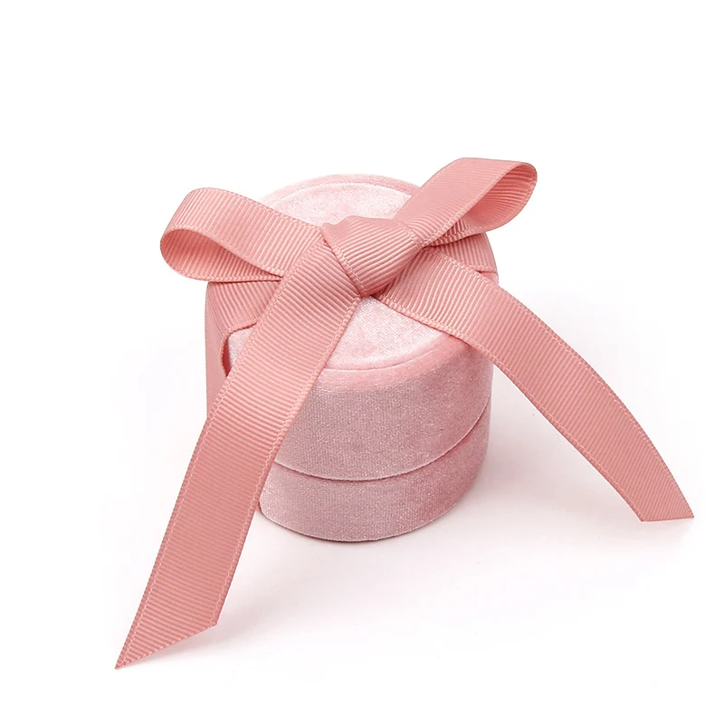 Customized Hot Sale Gift Jewelry Packaging Pink Velvet Round Bowknot packaging Velvet Jewelry Ring Box With Ribbon