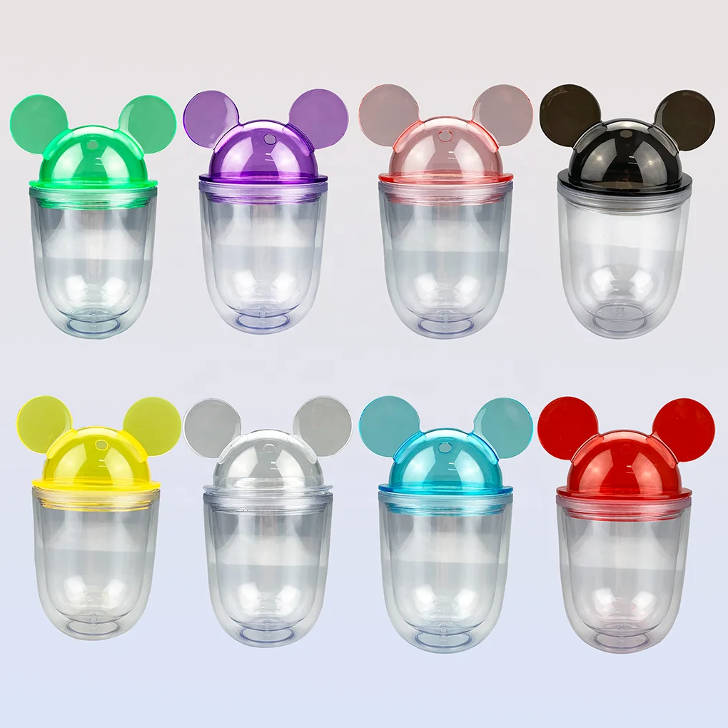Lovely 12oz double wall bpa free acrylic clear mini minnie cup mouse tumbler cup plastic water bottle with mickey ears and straw