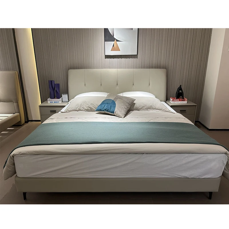 Factory Special Discount Promotion European Brief Style Upholstery Genuine Leather King Queen Double Size Bed