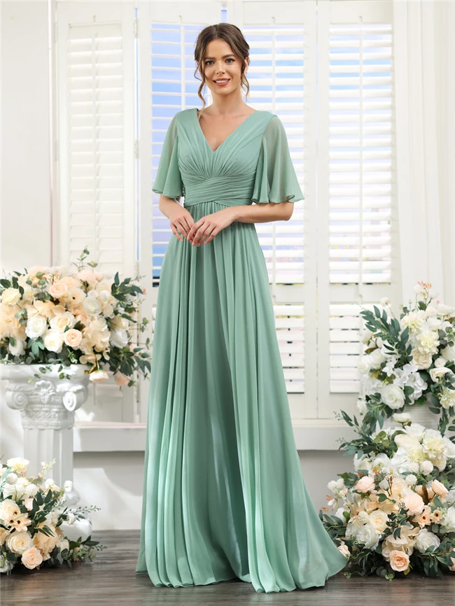 2024 Summer Elegant Ladies Short Sleeve Ruffle Chiffon Bridesmaid Maxi Dresses for Women