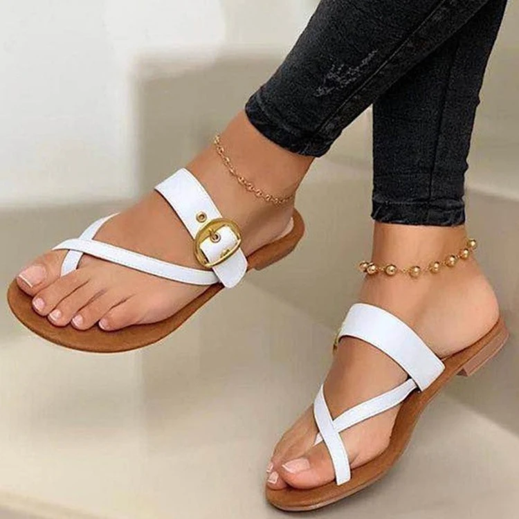 2024 NEW MZ Original Factory Wholesale Casual Beach Shoes Summer Fashion Slippers Metal Belt Buckle Ladies Flat Sandals For Hot