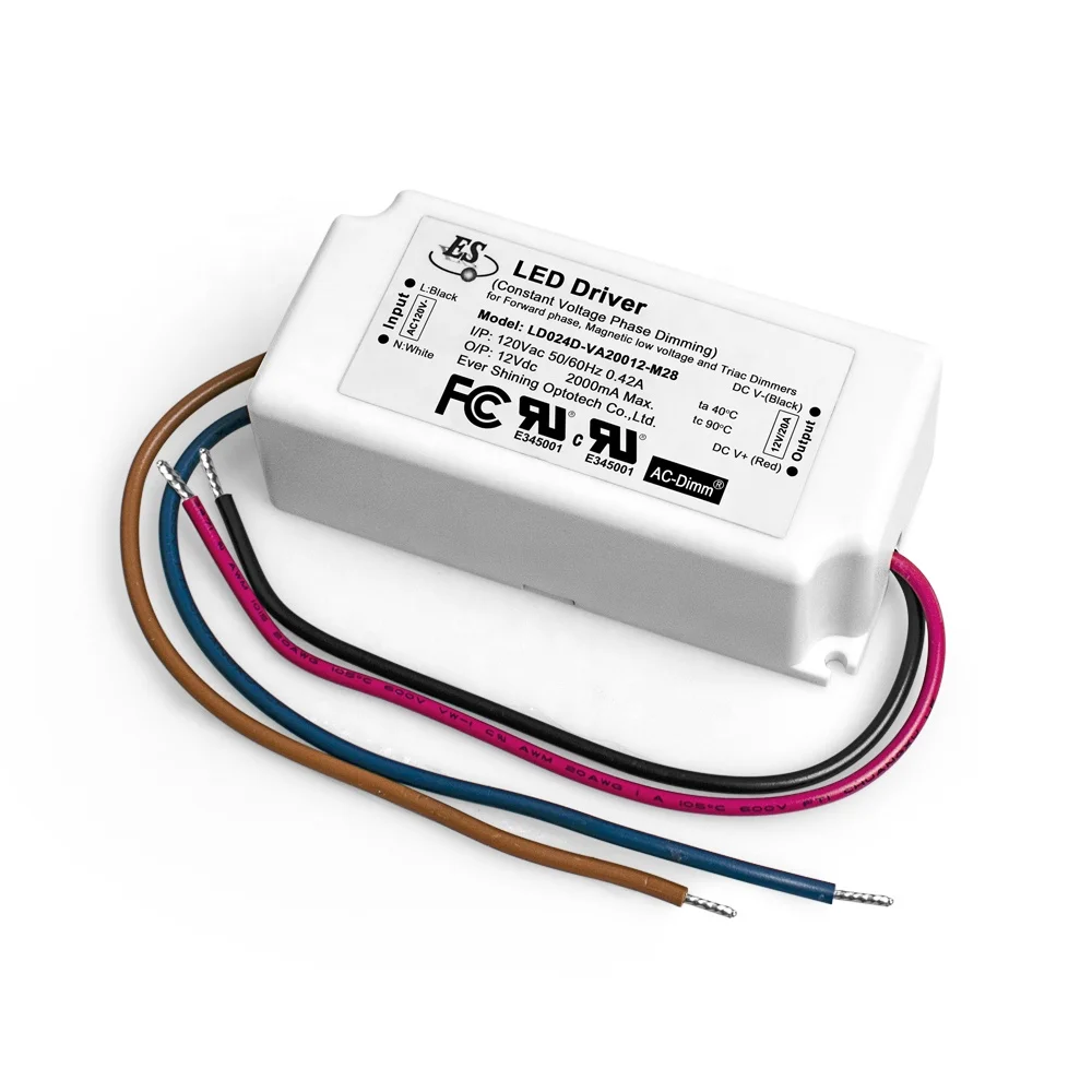 Es Ul Cul 120V Ac 12V 24V Dc 1A 2A 24W Constant Voltage Leading Edge  Triac ELV Dimming Led Driver