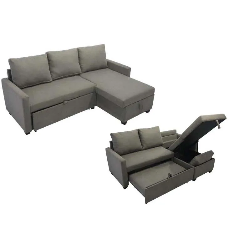 High Quality Grey Fabric Mutil-Functional L-Shaped Smart Corner Sofa Bed Small Size Modern Apartment Leisure Lounge Living Room