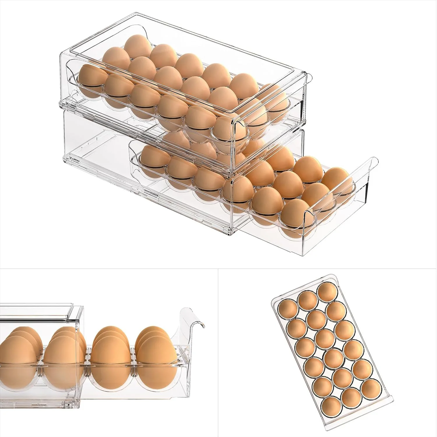 Refrigerator Eggs Container BPA Free Fridge Drawer Organizer Bins Stackable Egg Holder Plastic Acrylic Clear 18 Egg Tray