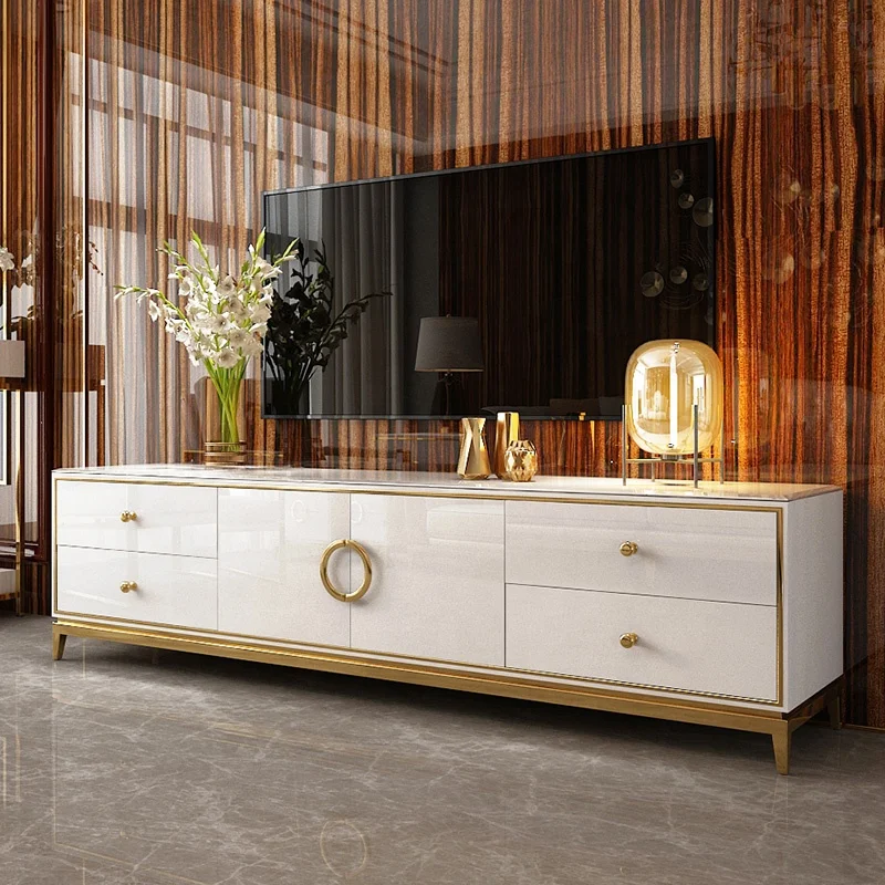 Hot-selling light luxury home furniture modern large storage TV stand glass top TV cabinet coffee table black and white set