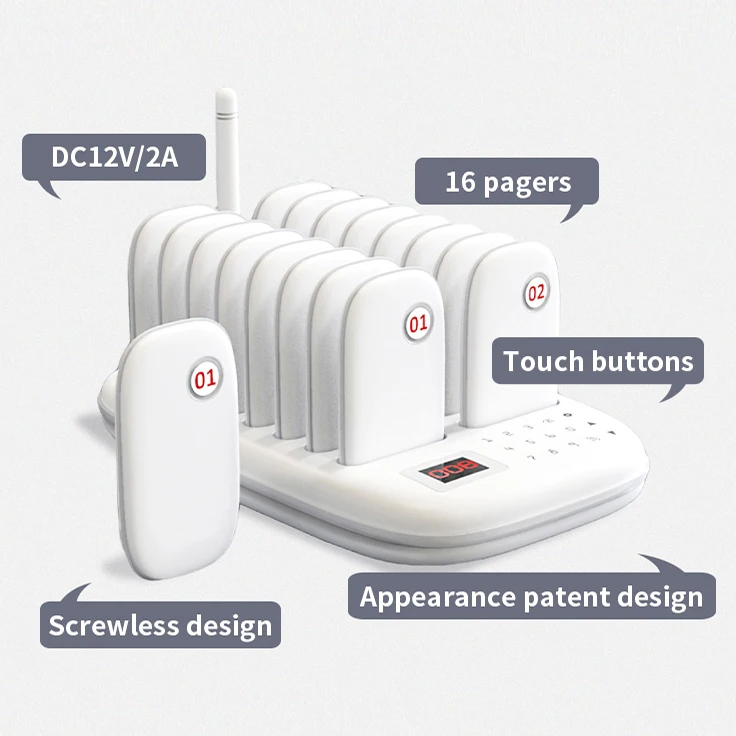 WirelessLinkx Restaurant Beeper Queue Customer Guest 16 White Wireless Pager System For Clinic Coffee Shop Church Food Truck