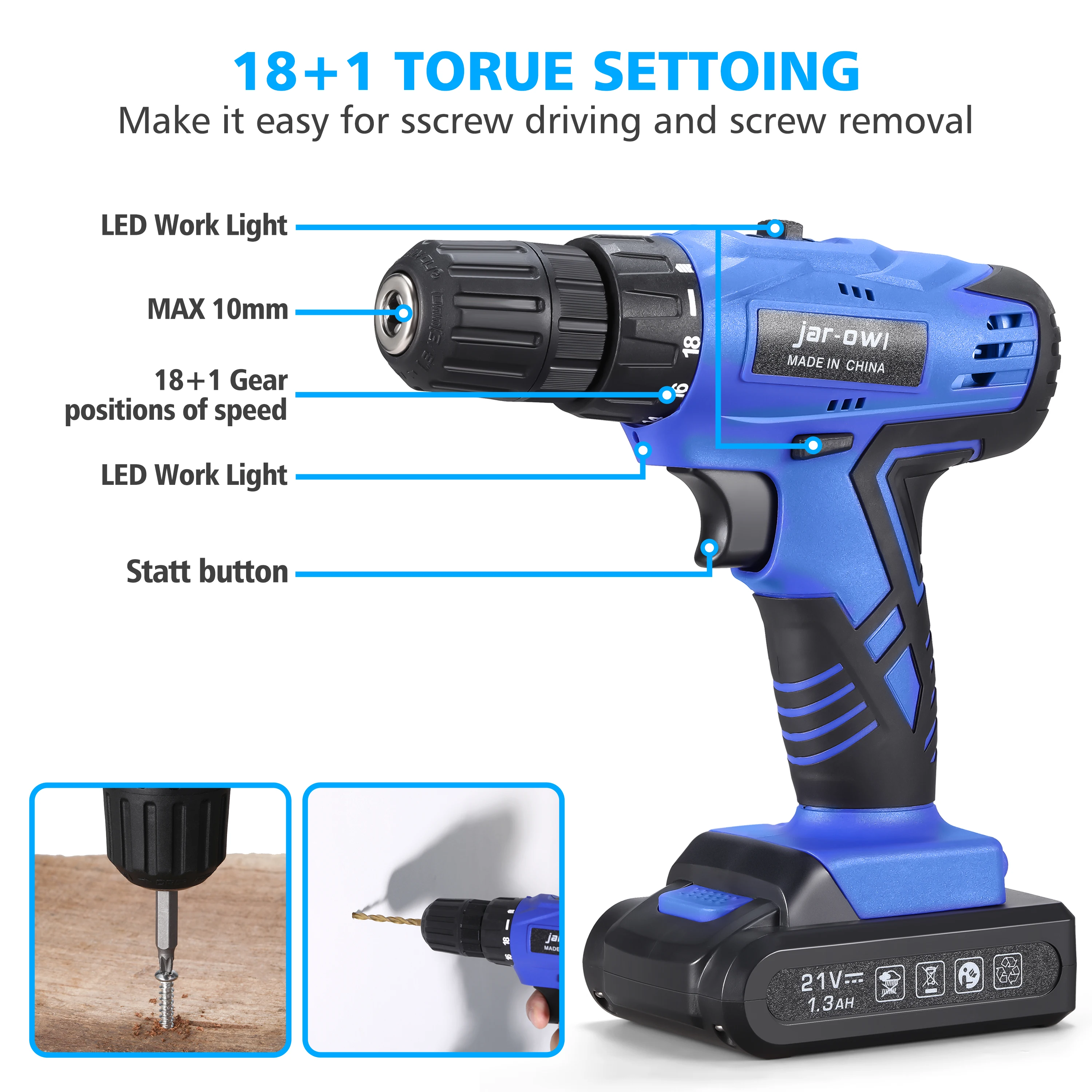  21V Lithium-ion Battery High Quality Hand Cordless Drill Set with