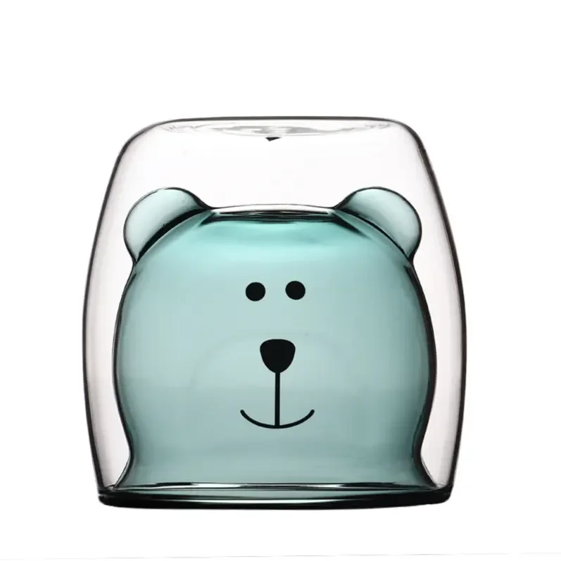 Heat resistant cartoon cute animal bear shape transparent cat color double-walled glass coffee cup for gifts