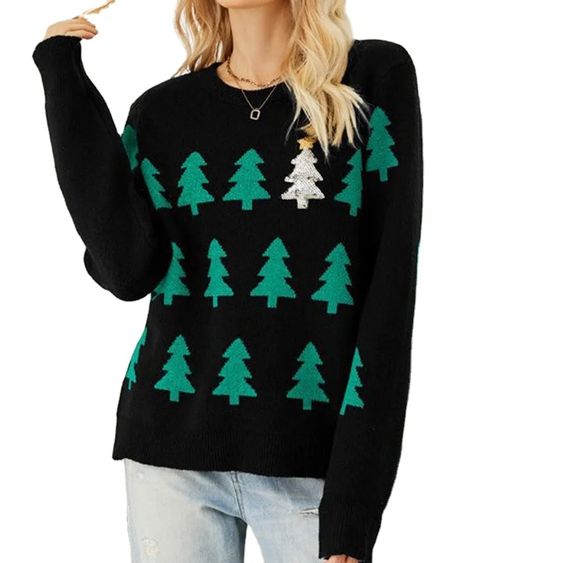 Wholesale custom crew neck jacquard knitted wool pullover matching ugly christmas cashmere sweater
