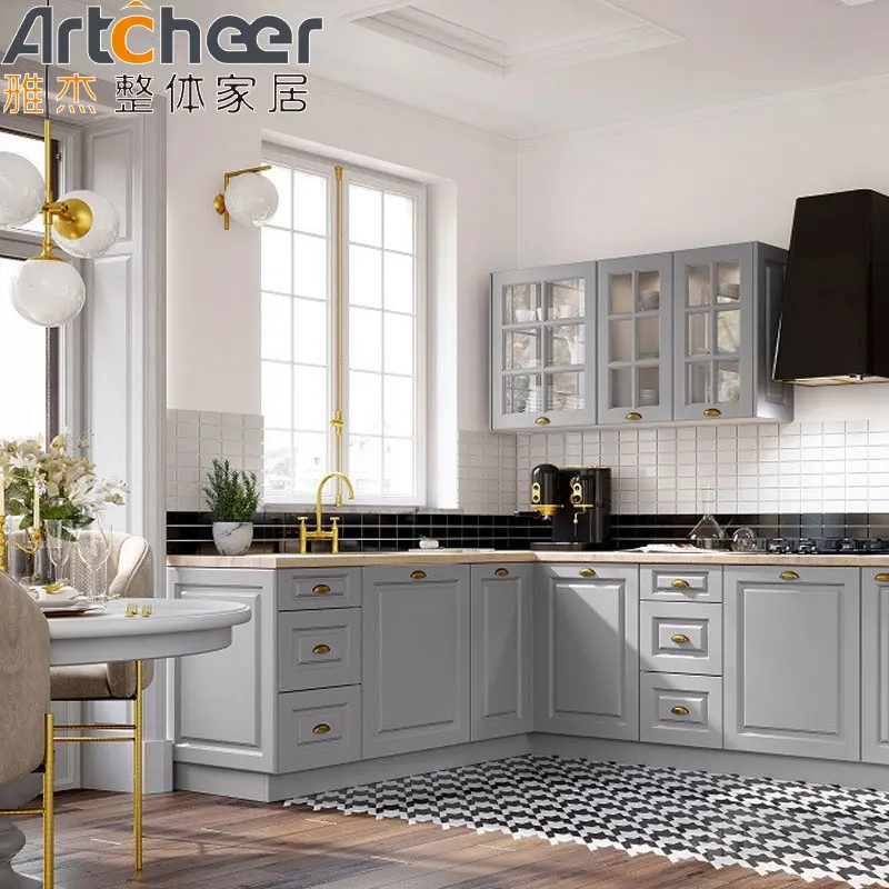 Modern kitchen cabinets in solid wood material quartz stone table top with nice accessories