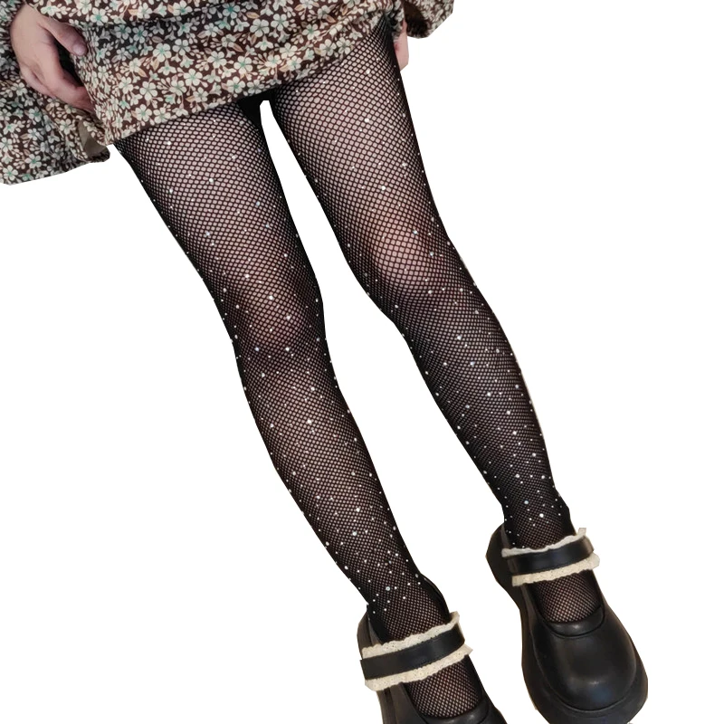 New Arrival Wholesale Candy Color Fashion Girls Kid Mesh Fishnet Net Pattern Rhinestone Pantyhose Baby Glitter Bling Bedazzled T