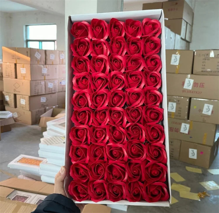 Wholesale 3 Layers With Leaves Handmade Carving Wedding Gift Petal Soap Flower Artificial Rose Head In Box