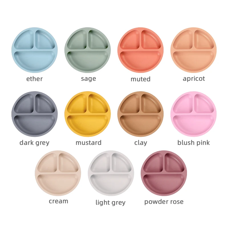 BPA Free Colorful Three Cells Silicon Baby Plates Tableware for Kids Feeding