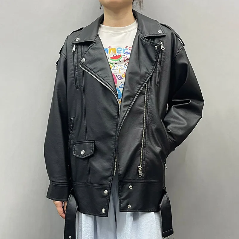 Factory Wholesale Custom Casual Pu Leather Jacket Mid Length Women Black Faux Leather Coat