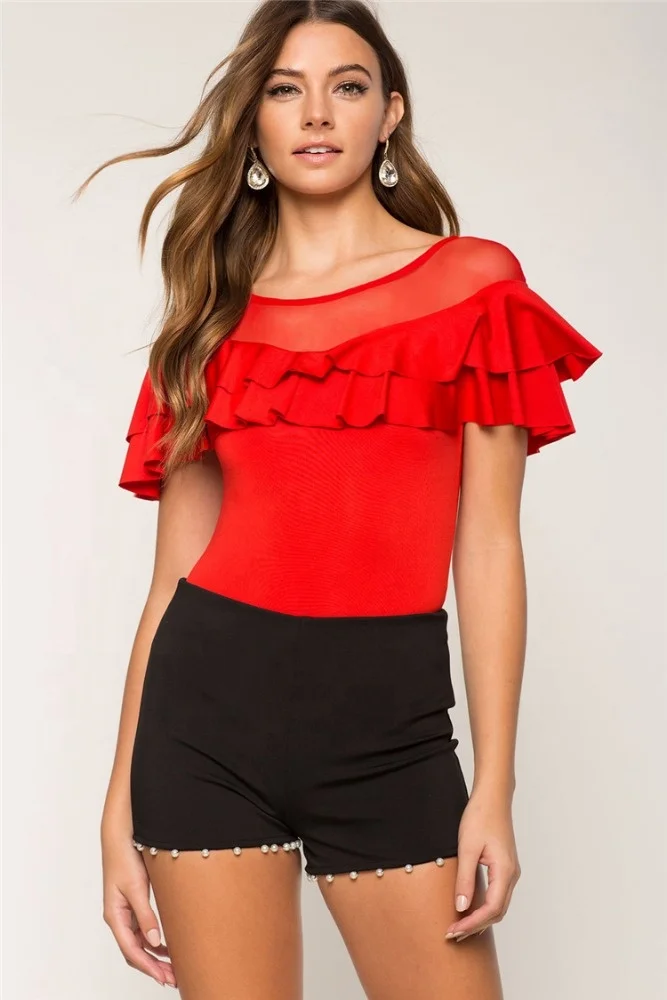 Fitness Clothes Ladies Wholesale Sexy Mesh Ruffle Red Bodysuits for Women
