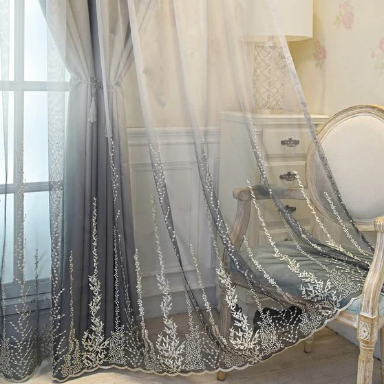  2020 New Design Double Layer Wholesale Curtains Living Room Hand Feather Embroidery Heavy Blackout