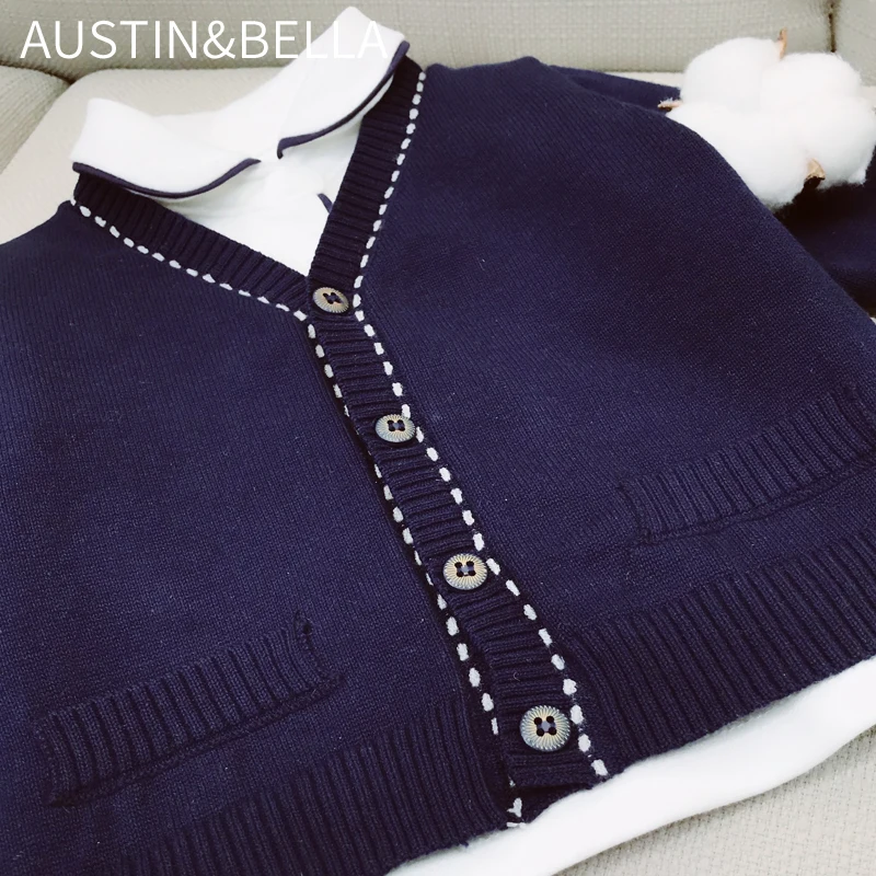 AustinBella/оптовая продажа бутик вязаная Осенняя детская одежда дизайнерские кардиганы для маленьких мальчиков 100% хлопок Детские простые свитера