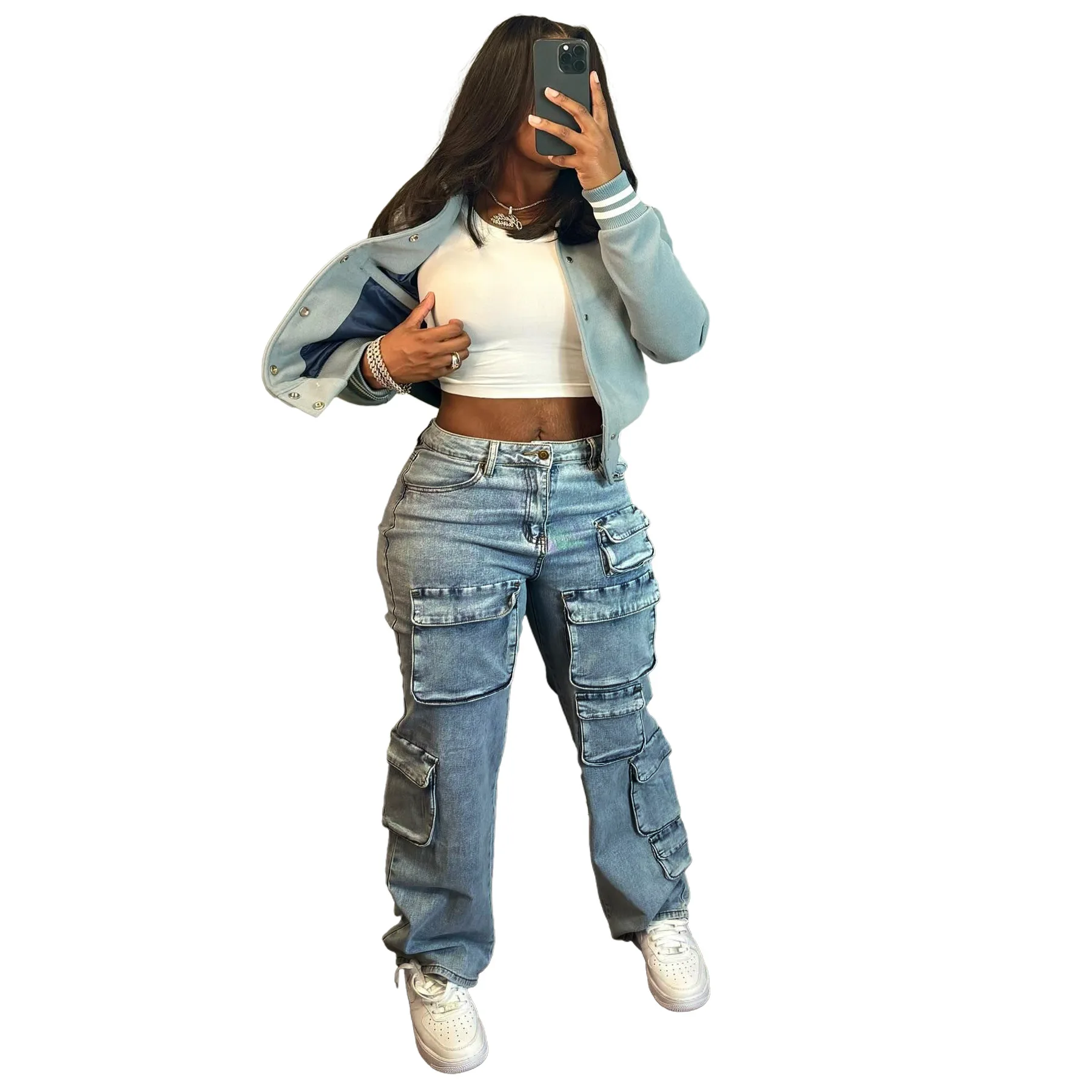 New denim workwear pants elastic multi bag pants casual straight leg denim pants