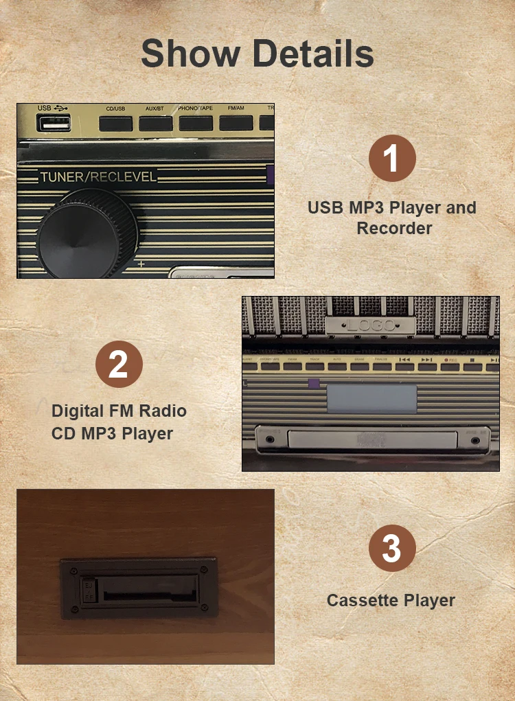 Classic phonograph cd record cassette radio player wooden turntable vintage