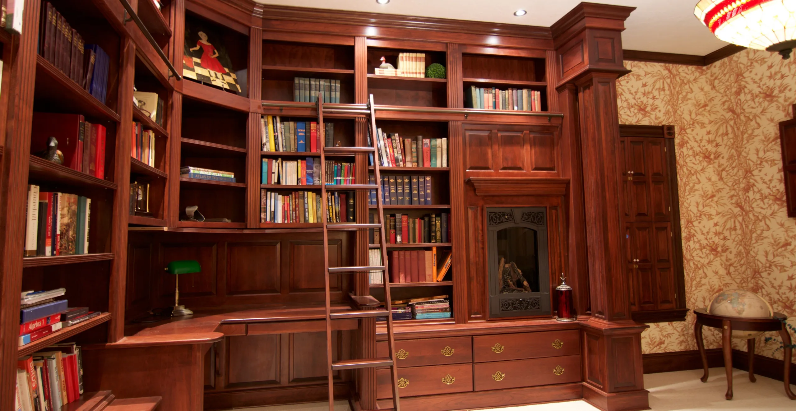 Antique luxury Classic Furniture Natural and Black Solid Wood library study Bookcase whole wall bookshelf and wall panel study