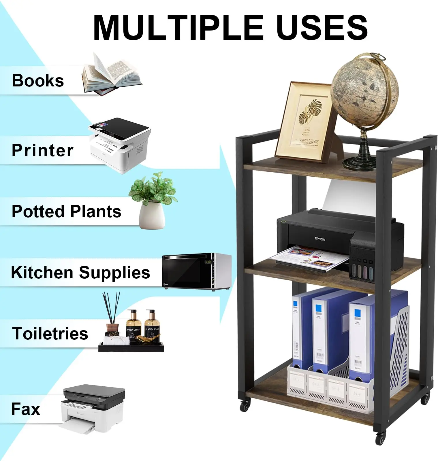Home Office Fax Machine Scanner Files Adjustable Storage Shelf Rack 3 Tier Movable Printer Stand With Wheels