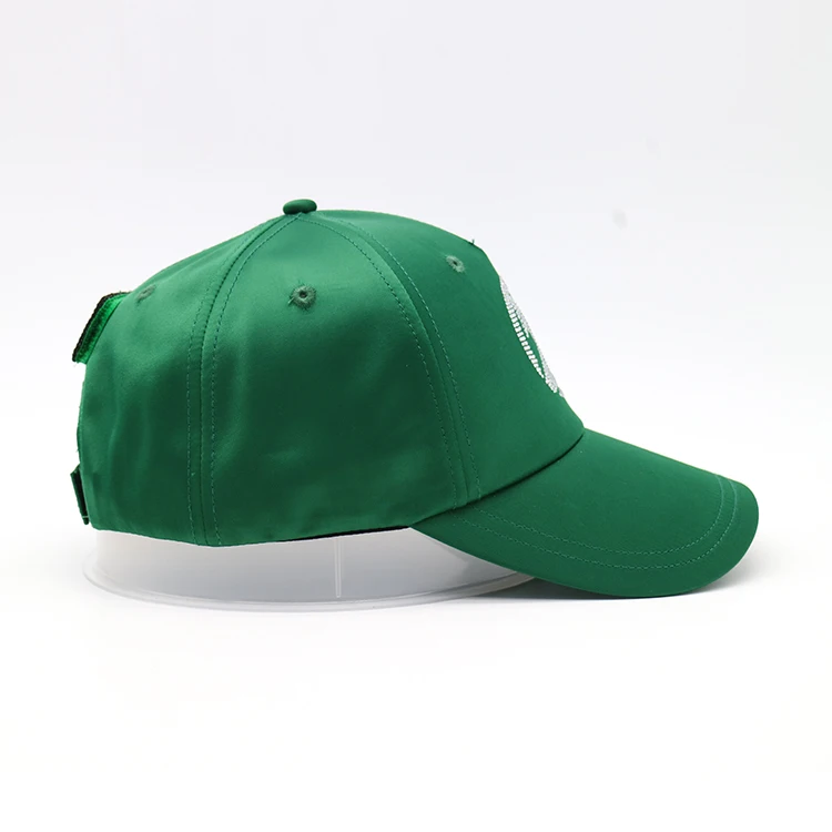 6 panel green satin baseball cap hat with rain stone logo