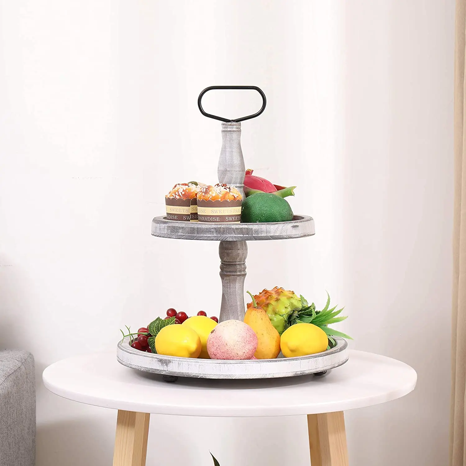Wood Two Tiered Tray with Round Metal Handle Easy to Assemble 2 Tier Home Decor for Tiered Food Presentation Serving Tray