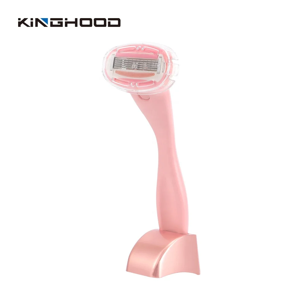 Private Label  Pivoting Replaceable  Four Blade Cartridge System Razor Metal Handle Women Pink Shaving Razor