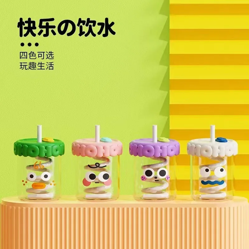 HECION Girls Straw Milk Tea High Borosilicate Glass Cup With Lid Single Layer Water Cup Cute Milk Glass Coffee Cup For Children