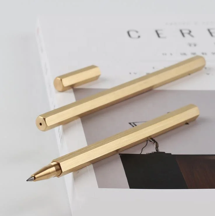 Well machined hexagon brass metal ball pen roller ball pen writes smoothly and cleanly Hexagonal pen Roller ball with Black Gel