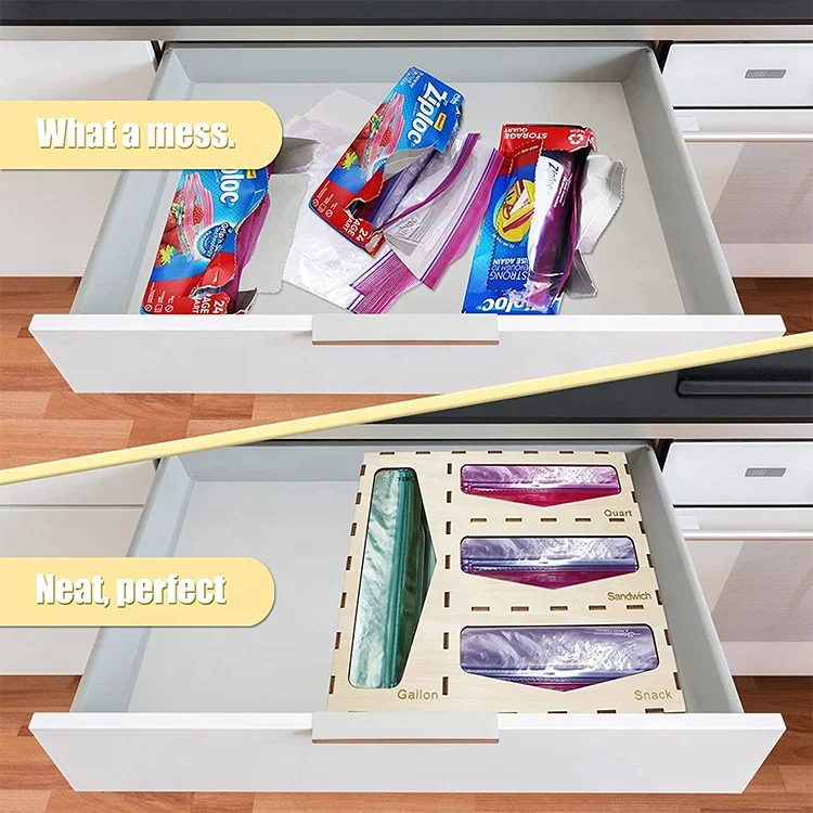 Laser ziplock bag organizer Poly wood storage Holder kitchen for