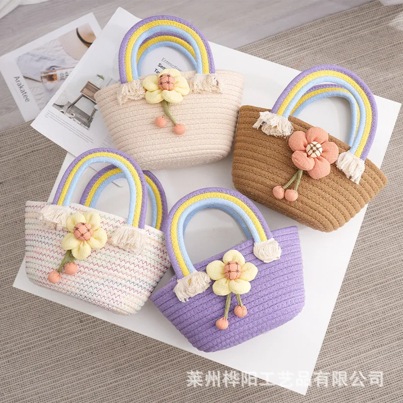 Wholesale cute cotton rope bags woven baby baskets, cotton rope rainbow baskets