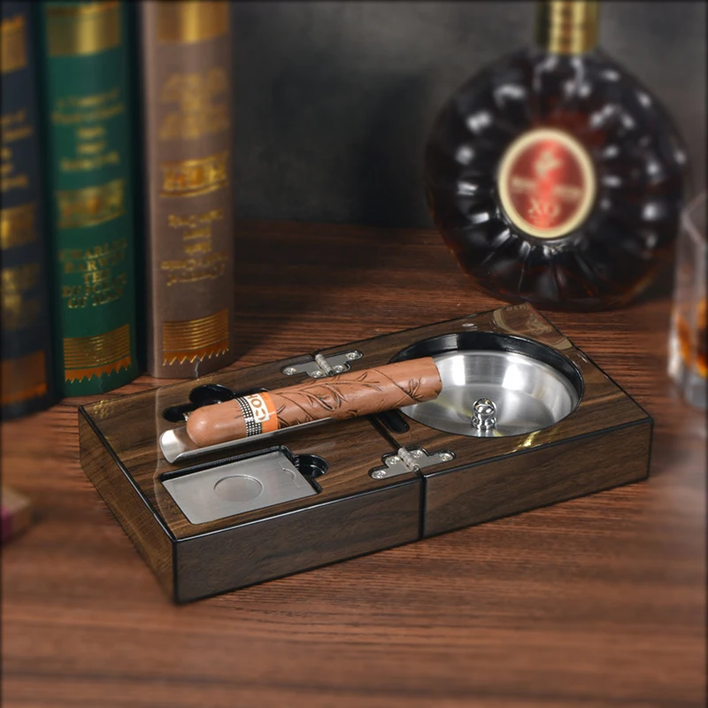 High Quality Wooden Cigar Ashtray with Cigar Accessories Cigar Cutter and Punch