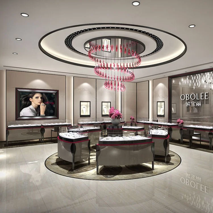 Latest Jewelry Shop Interior Design Display Cabinet Custom Glass Gold Metal Jewelry Mirror Cabinet Jewellery Showcase Display