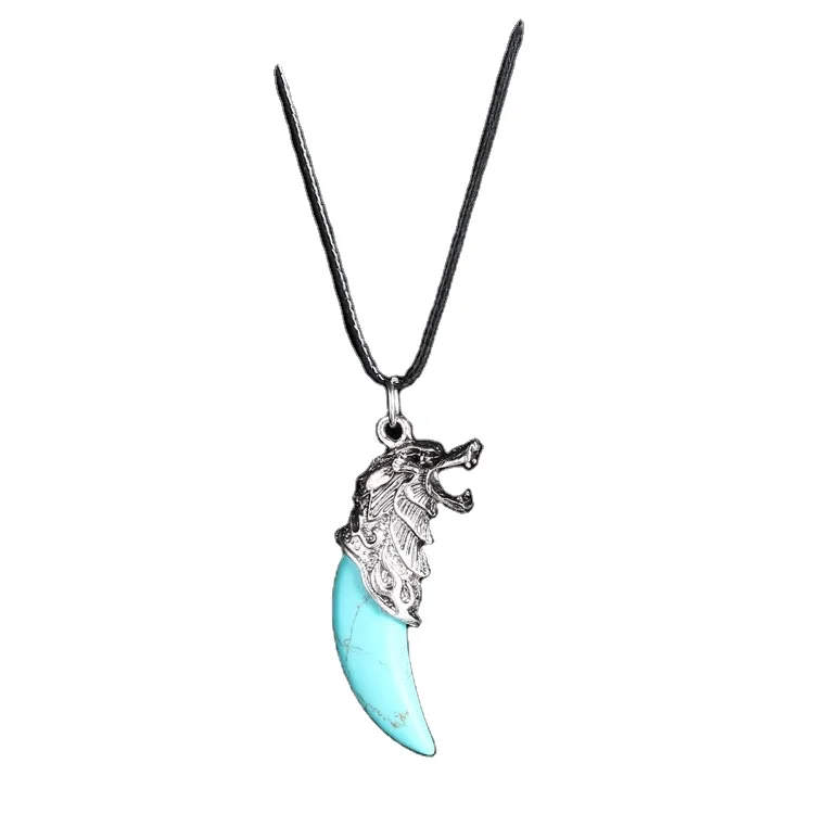 retro necklace natural stone pendant wolf totem creative personality necklace wolf titanium steel necklace