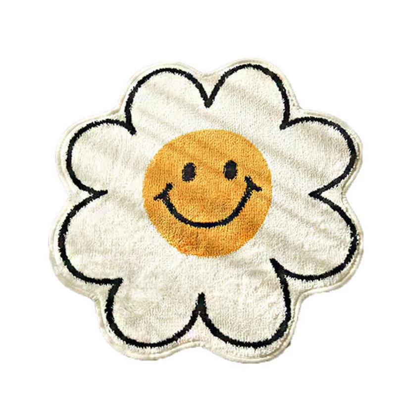 New design soft fluffy absorbent imitation cashmere curved non slip bath mat for decoration funny flower smiley shape