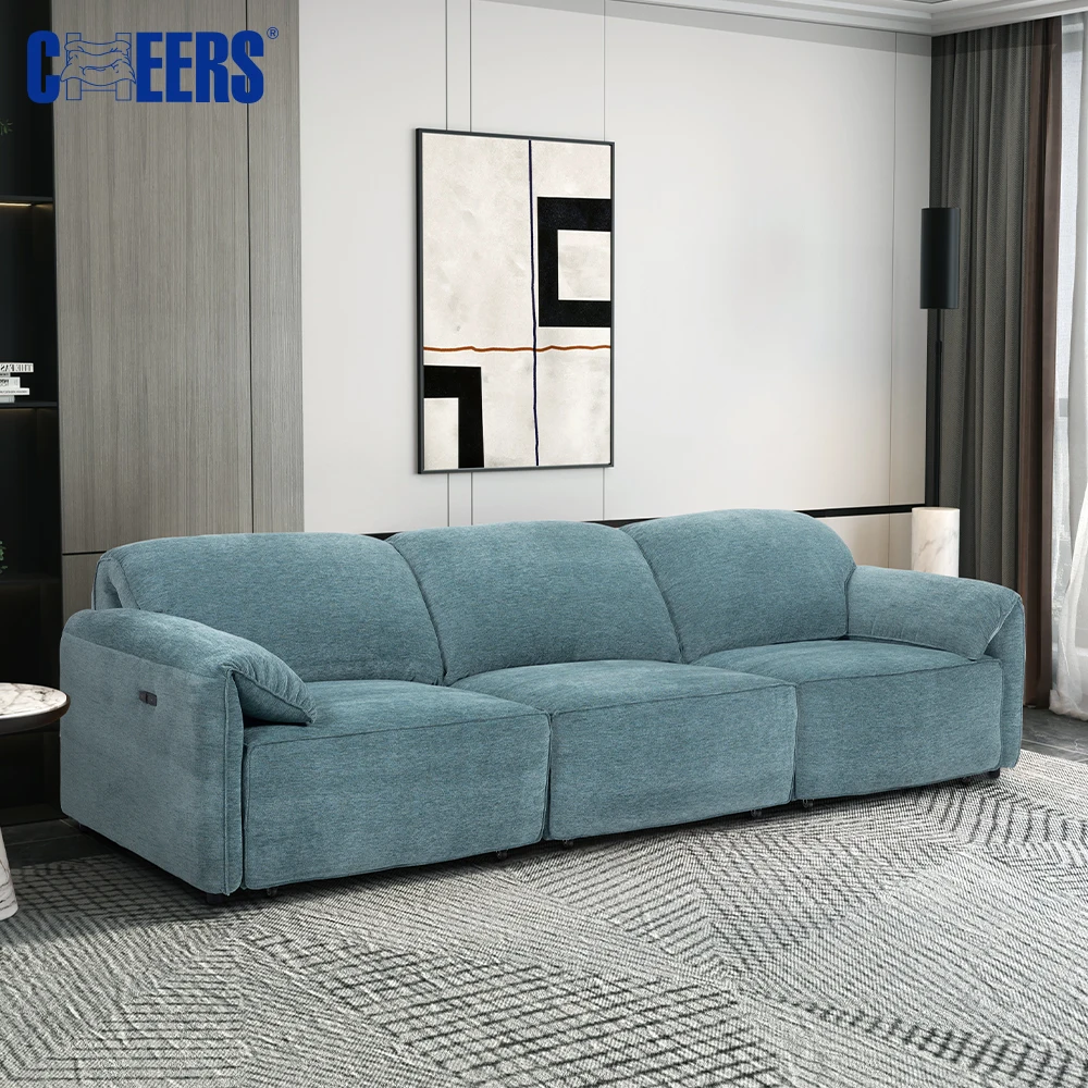 MANWAH CHEERS 3 Seaters Modern Design Blue Fabric Oversized Electric Bed Sofa Living Room Set With USB