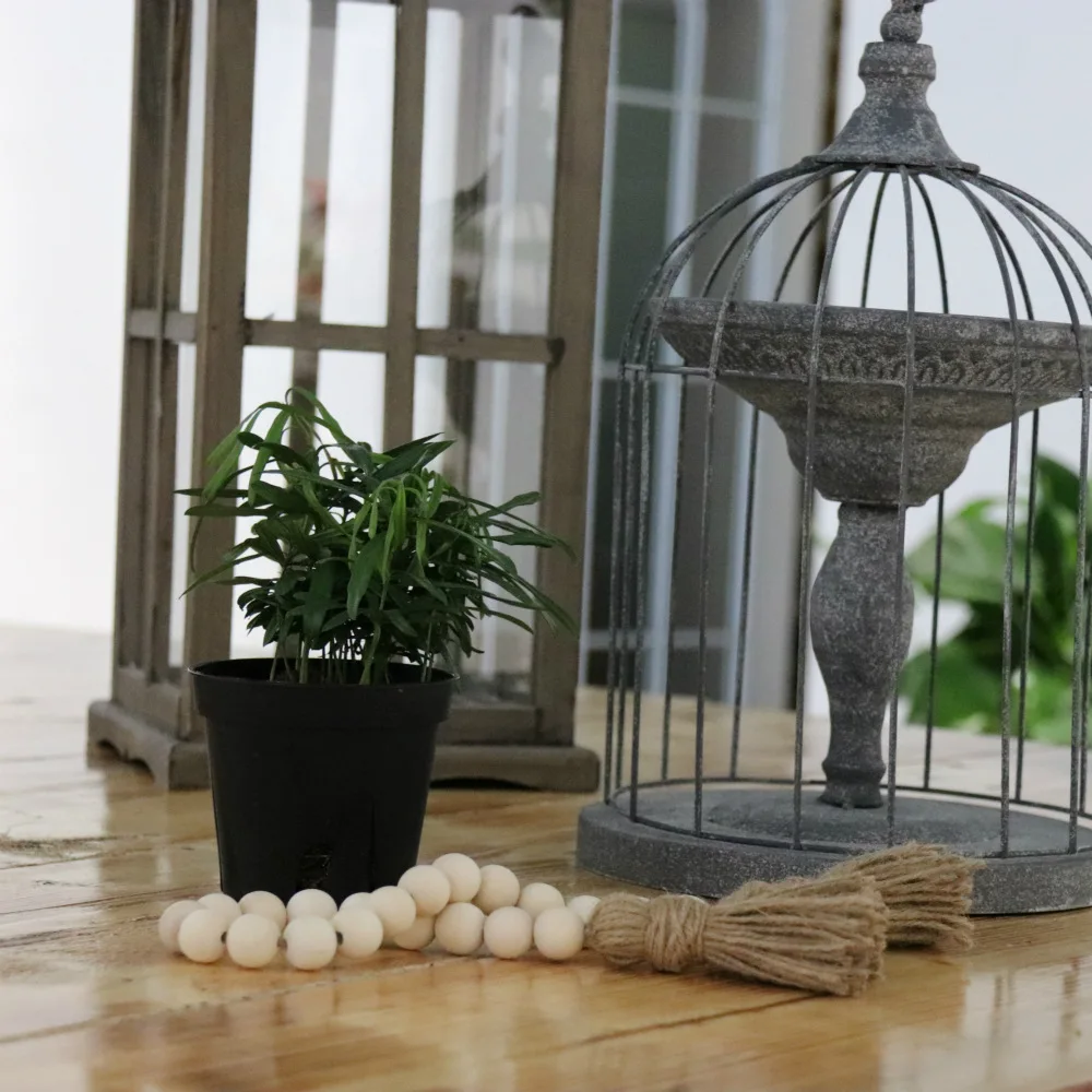 Vintage Wood Bead Garland Tassel Country Beads Wall Hanging Farmhouse Rustic Wooden Beads String with Country Jute Tassels