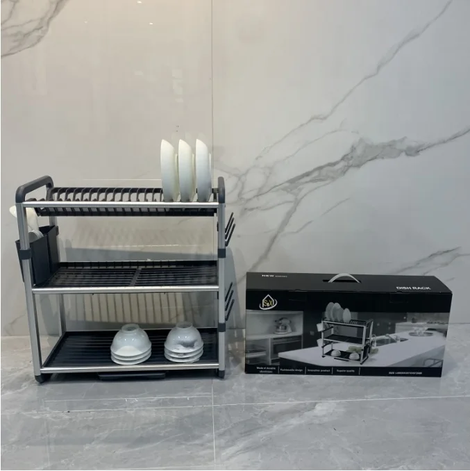 Storage Holder Dish Drying Rack Kitchen Organizer Drain Bowl Plate Rack 2 Tier Aluminum Dish Drainer Rack with Cup Holder