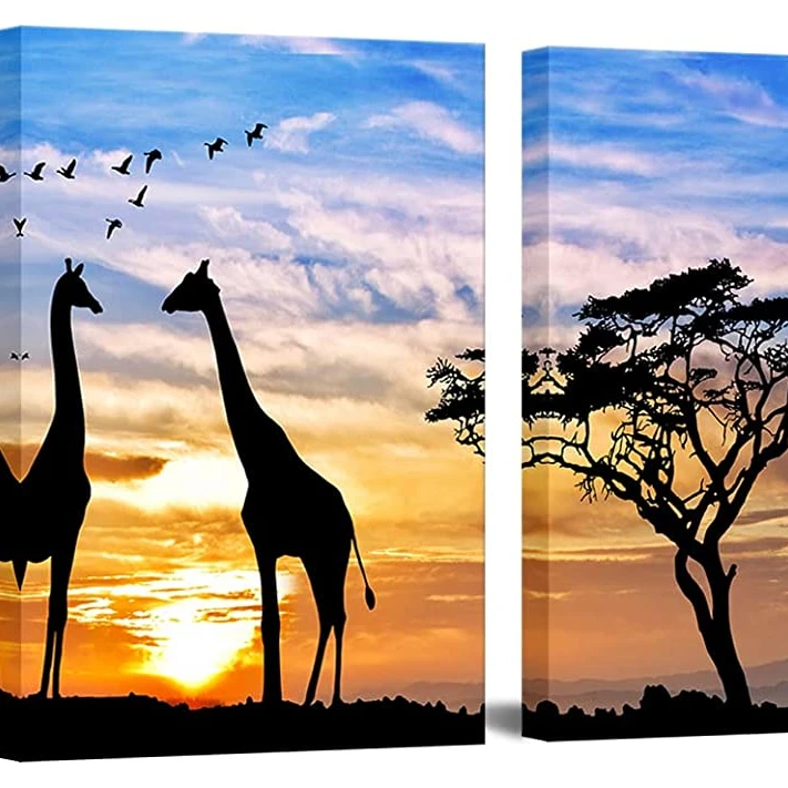 3 Panels African Animal Landscape Wall Art Decor canvas oil painting for room decoration