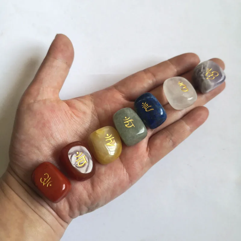 crystals healing stones engraving mantra figured Gemstone seven  chakra sets for spiritual health care therapy