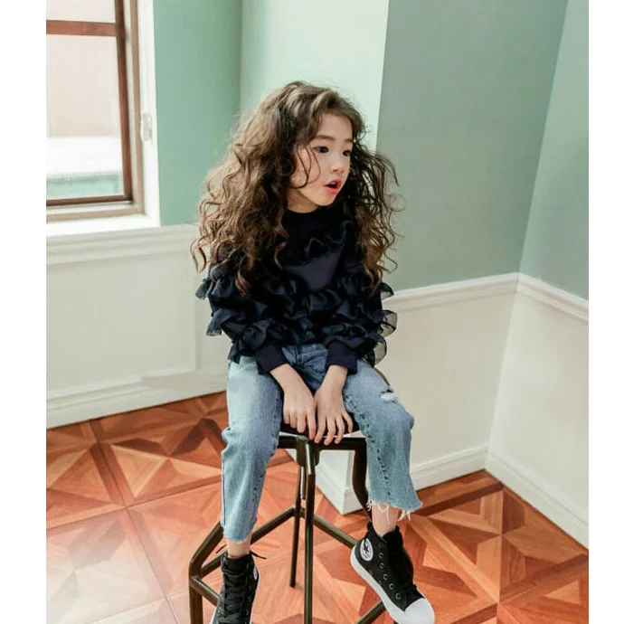 
KS0570 Fashion korean style girls black and white color sweatshirt tulle selvedge stitching t shirts 