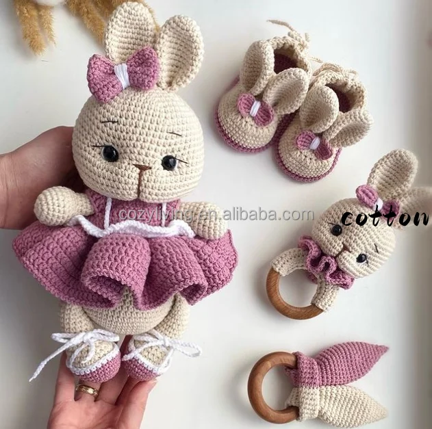 Crochet Kids Bunny Wearing Purple Dress Toys Wooden Baby Teething and Baby Rattle  Amigurumi Safety Toys